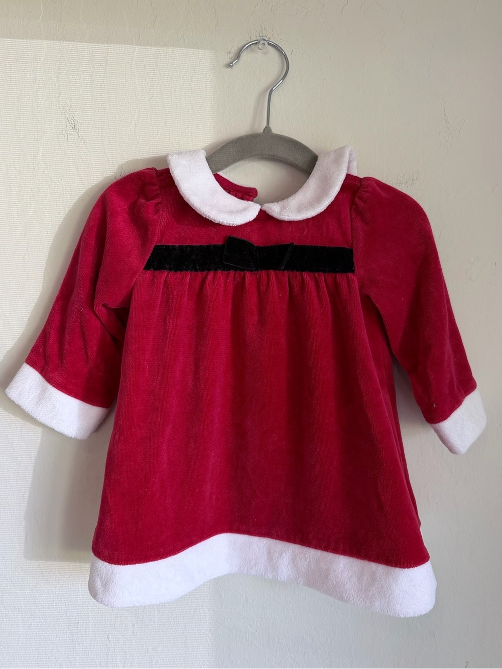 Children’s Place Red Velour White Trim Santa Dress, Bow Headband, Sz 9-12M